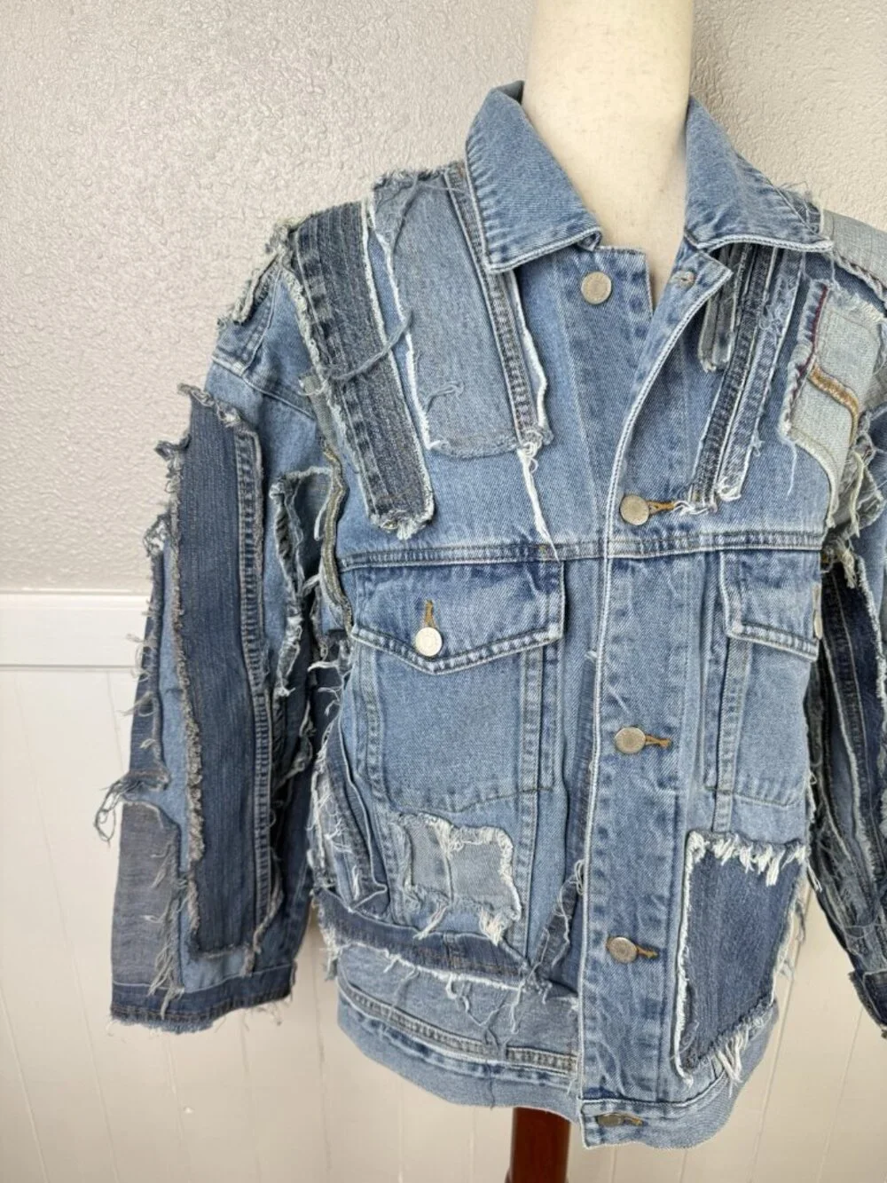 Vtg Reworked Denim Jacket Unique Upcycled Streetwear Jean Blue 90s y2k Sz M/L